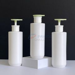 Chai trụ tròn 250ml 500ml đựng nước rửa tay trắng nắp xanh lá vòi nhấn