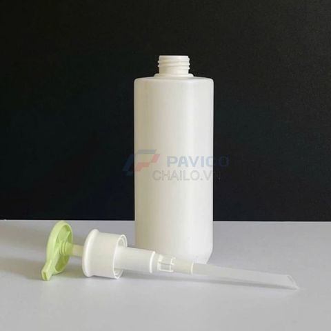 Chai trụ tròn 250ml 500ml đựng nước rửa tay trắng nắp xanh lá vòi nhấn
