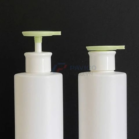 Chai trụ tròn 250ml 500ml đựng nước rửa tay trắng nắp xanh lá vòi nhấn