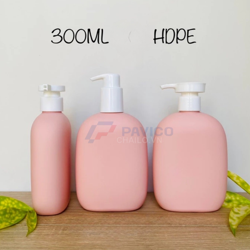 Bộ chai HDPE hồng mờ 200ml 300ml 500ml vòi nhấn trắng bơm kem