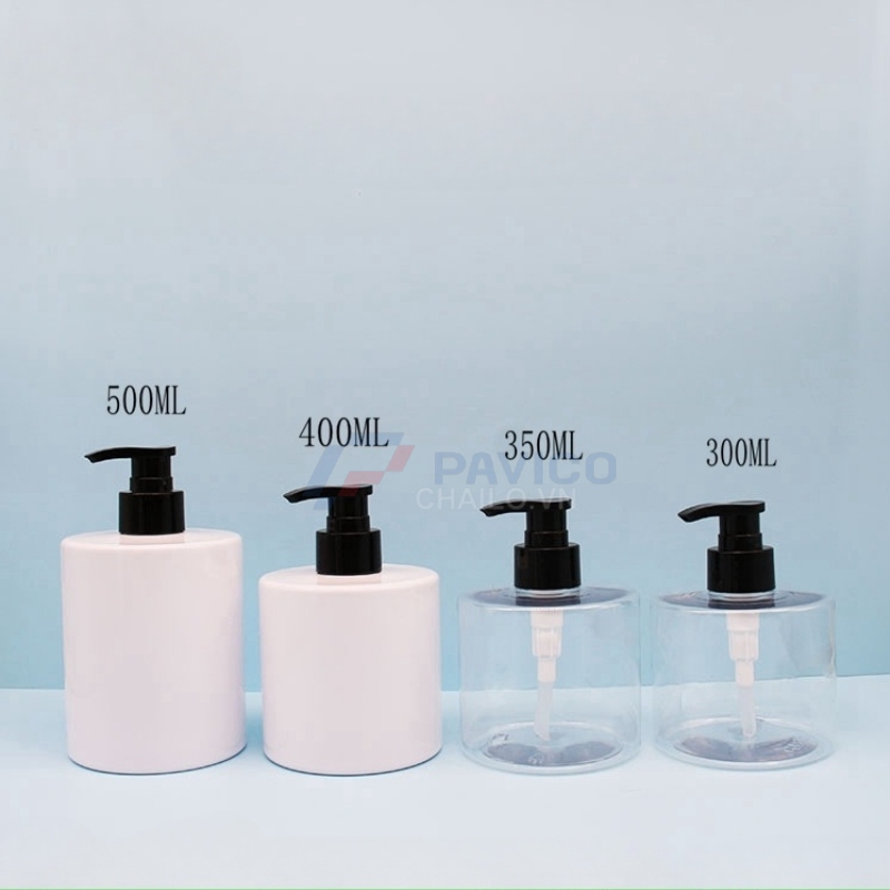 Bộ chai pet trắng trong 300ml 500ml vòi nhấn đen sữa tắm đầu bơm kem