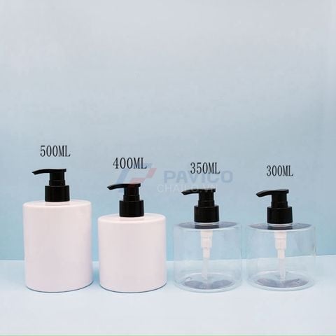 Bộ chai pet trắng trong 300ml 500ml vòi nhấn đen sữa tắm đầu bơm kem