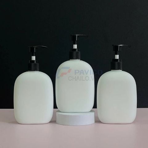 Chai bầu dẹt 300ml 500ml đựng nước rửa tay trắng nắp đen vòi nhấn