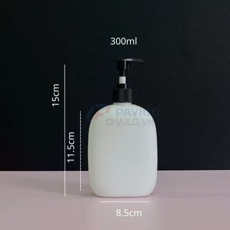 Chai bầu dẹt 300ml 500ml đựng nước rửa tay trắng nắp đen vòi nhấn