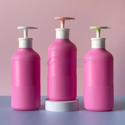 Chai nhựa hồng sọc 500ml 750ml đựng sữa tắm nắp trắng vòi bơm