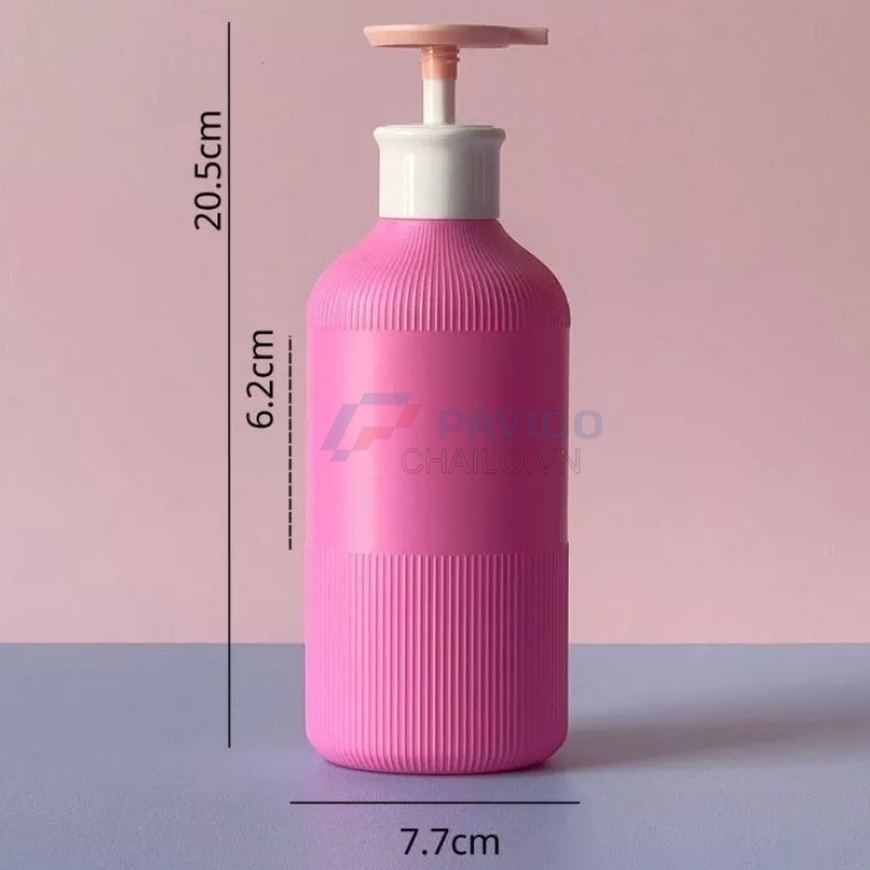 Chai nhựa hồng sọc 500ml 750ml đựng sữa tắm nắp trắng vòi bơm