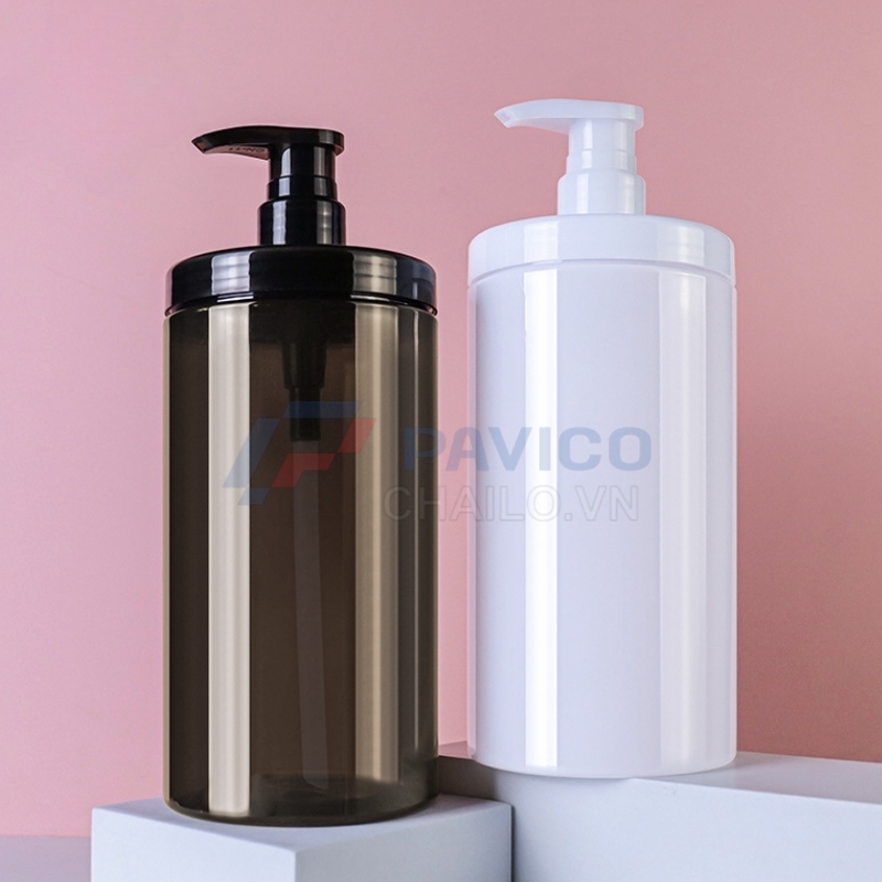 Chai nhựa PET 1000ml trụ tròn nắp nhấn đựng dầu gội salon cao cấp
