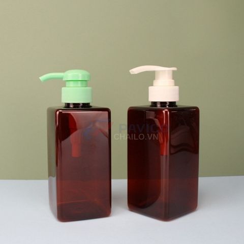 Chai nhựa pet nâu đỏ dáng vuông đầu bơm gel 500ml