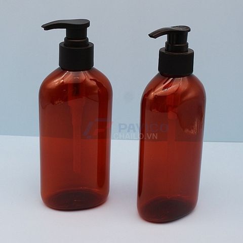 Chai nhựa pet thân oval nâu đỏ 500ml đầu bơm kem