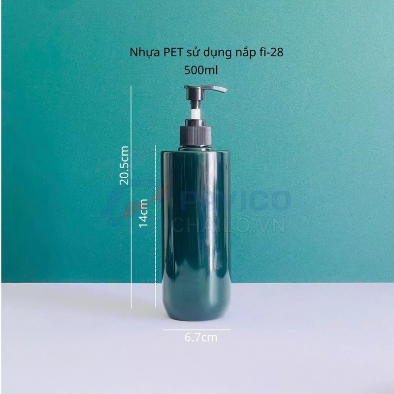 Chai PET trụ tròn xanh 500ml nắp fi28 đựng sữa tắm cao cấp