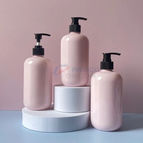 Chai tròn vai bầu 250ml 500ml đựng sữa dưỡng thể thân hồng nắp đen