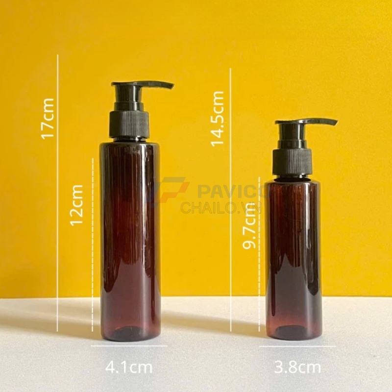 Chai trụ tròn 150ml 200ml dầu tẩy trang nâu nắp đen vòi nhấn