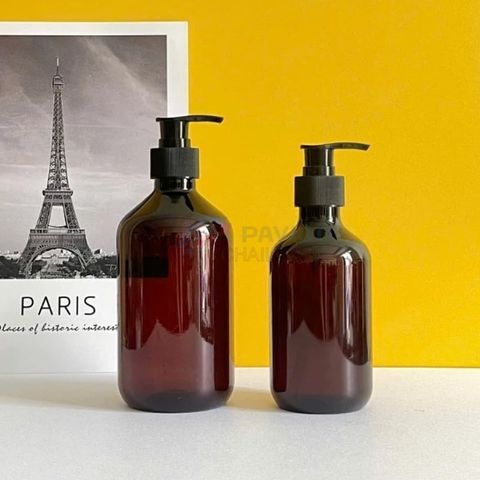 Chai vai bầu 250ml 500ml dầu gội dược liệu nâu nắp đen vòi nhấn