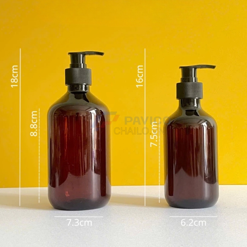 Chai vai bầu 250ml 500ml dầu gội dược liệu nâu nắp đen vòi nhấn