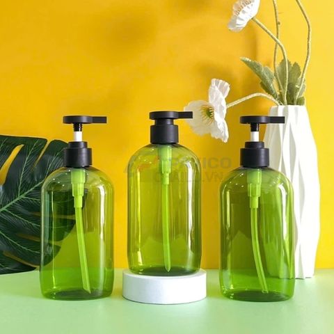 Chai vai bầu 300ml 500ml dầu gội thảo dược xanh lá trong nắp đen