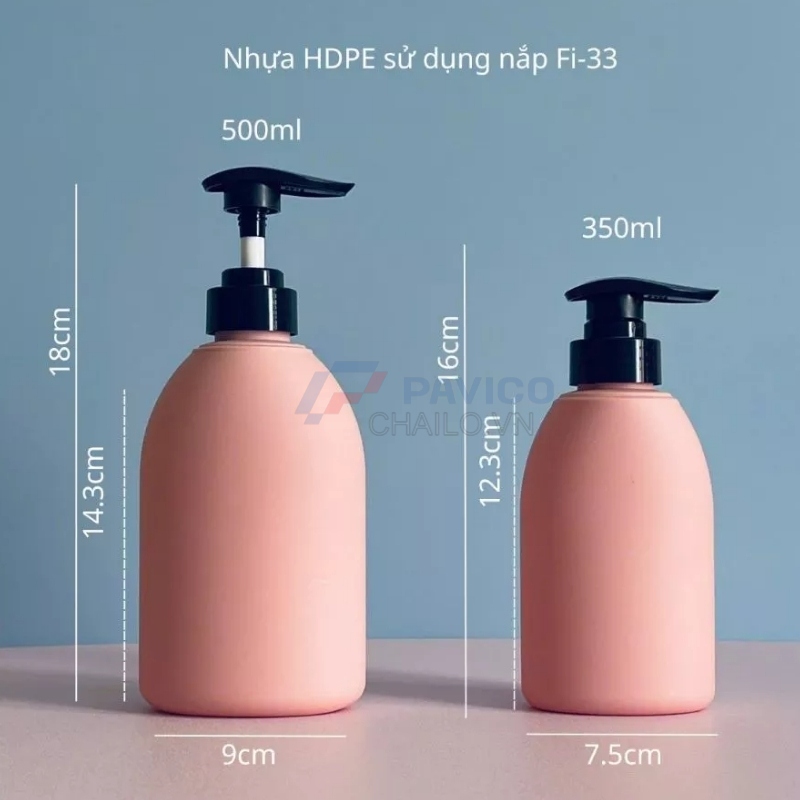 Chai vai tròn 350ml 500ml sữa dưỡng thể hồng nắp đen vòi nhấn