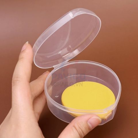 Hộp đựng mút trang điểm trong suốt nắp gài dáng trụ dáng tròn