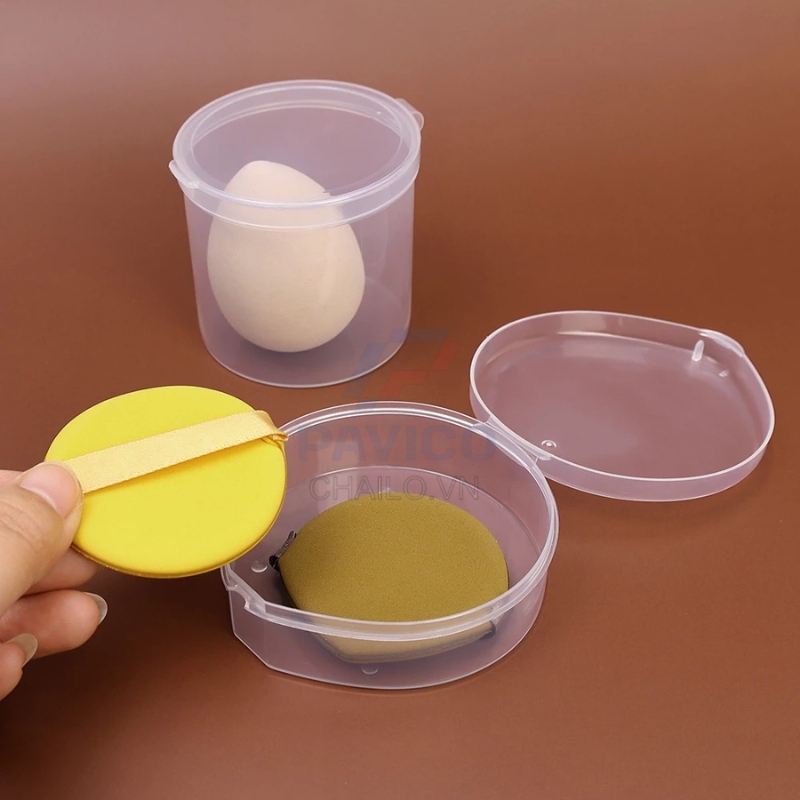 Hộp đựng mút trang điểm trong suốt nắp gài dáng trụ dáng tròn