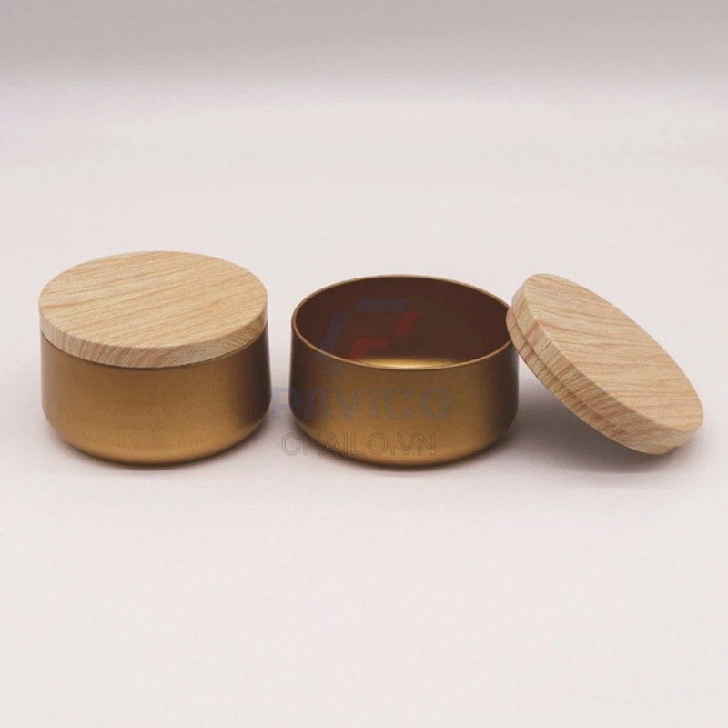 Hũ nhôm đựng kem màu vàng đồng nắp vặn gỗ trơn 50g 100g
