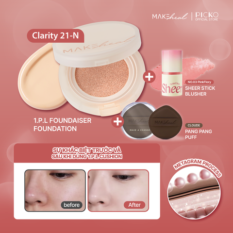 Bộ sản phẩm 2 món Makeheal 1.P.L Cushion Clarity 21-N và Makeheal Sheer Stick Blusher 03 PinkFlory - tặng Pang Pang Puff