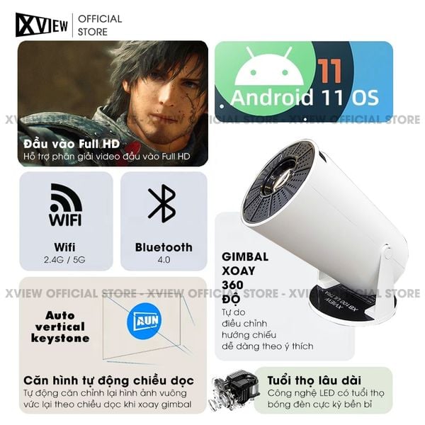 Xview XB100 Ultra - Máy chiếu mini giá rẻ tích hợp Hệ điều hành Android, độ sáng 250 ansi lumens, độ phân giải HD720p, hỗ trợ đầu vào 4K UHD và chỉnh nghiêng tự động theo chiều dọc
