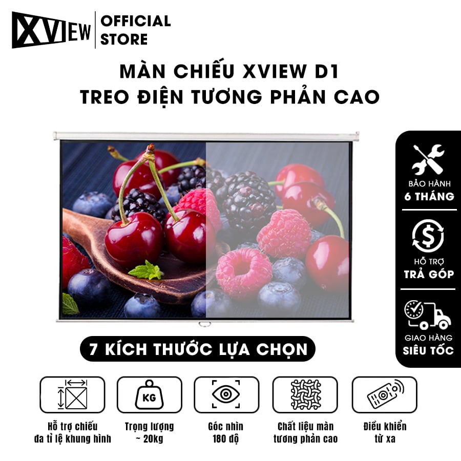 Màn chiếu Xview D1 treo điện tương phản cao, chuyên dụng cho máy chiếu độ sáng cao, có điều khiển tự động lên xuống, góc nhìn 180 độ, loại cao cấp, cho chất lượng hình ảnh đẹp, sắc nét, hỗ trợ 7 kích thước