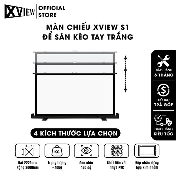 Màn chiếu Xview S1 để sàn kéo tay trắng, sử dụng được cho mọi loại máy chiếu, góc nhìn 180 độ, loại cao cấp, cho chất lượng hình ảnh đẹp, sắc nét, hỗ trợ 4 kích thước