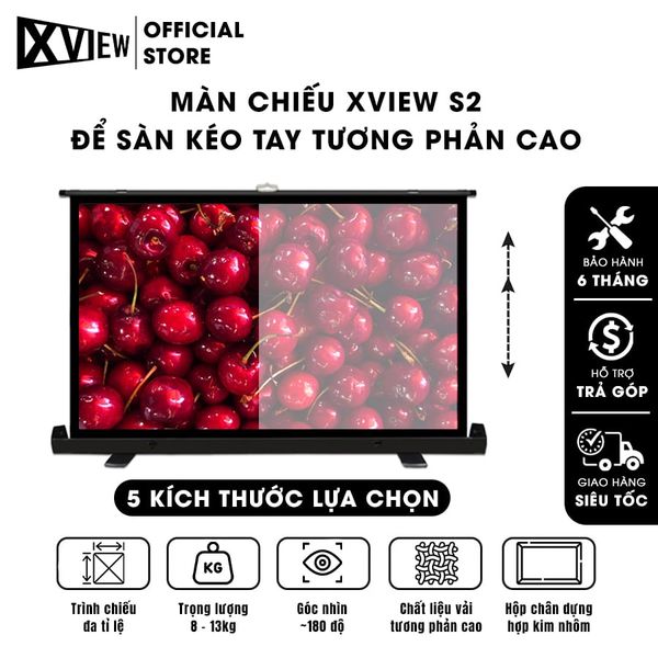 Màn chiếu Xview S2 để sàn tương phản cao, có chân dựng đứng, góc nhìn 180 độ, loại cao cấp, cho chất lượng hình ảnh đẹp, sắc nét, hỗ trợ 5 kích thước
