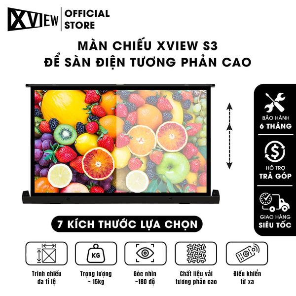 Màn chiếu Xview S3 để sàn điện tương phản cao, chuyên dụng cho máy chiếu độ sáng cao, góc nhìn 180 độ, loại cao cấp, cho chất lượng hình ảnh đẹp, sắc nét, hỗ trợ 7 kích thước
