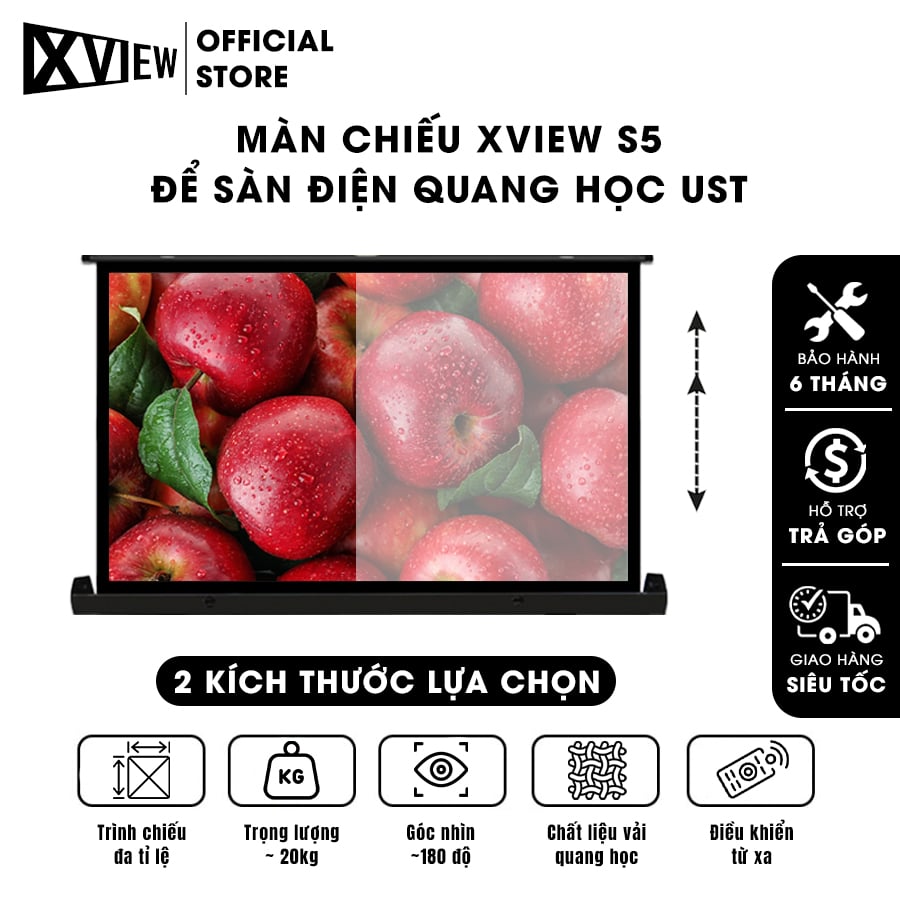 Màn chiếu Xview S5 để sàn điện quang học UST, chuyên dụng cho máy chiếu siêu gần, có điều khiển tự động lên xuống, góc nhìn 180 độ, loại cao cấp, cho chất lượng hình ảnh đẹp, sắc nét, thuận tiện di chuyển, hỗ trợ 2 kích thước