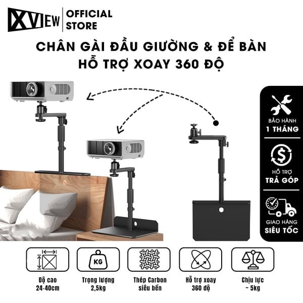 Chân gài đầu giường và để bàn - Chân giá đỡ hỗ trợ nhiều loại máy chiếu khác nhau, điều chỉnh xoay 360 độ dễ dàng, điều chỉnh độ cao 24-40 cm, chất liệu thép Carbon cao cấp chịu lực lên đến 5kg