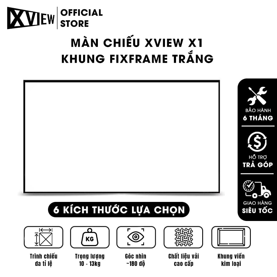 Màn chiếu Xview X1 khung fixframe trắng, góc nhìn 180 độ, loại cao cấp, cho chất lượng hình ảnh đẹp, sắc nét, hỗ trợ 6 kích thước