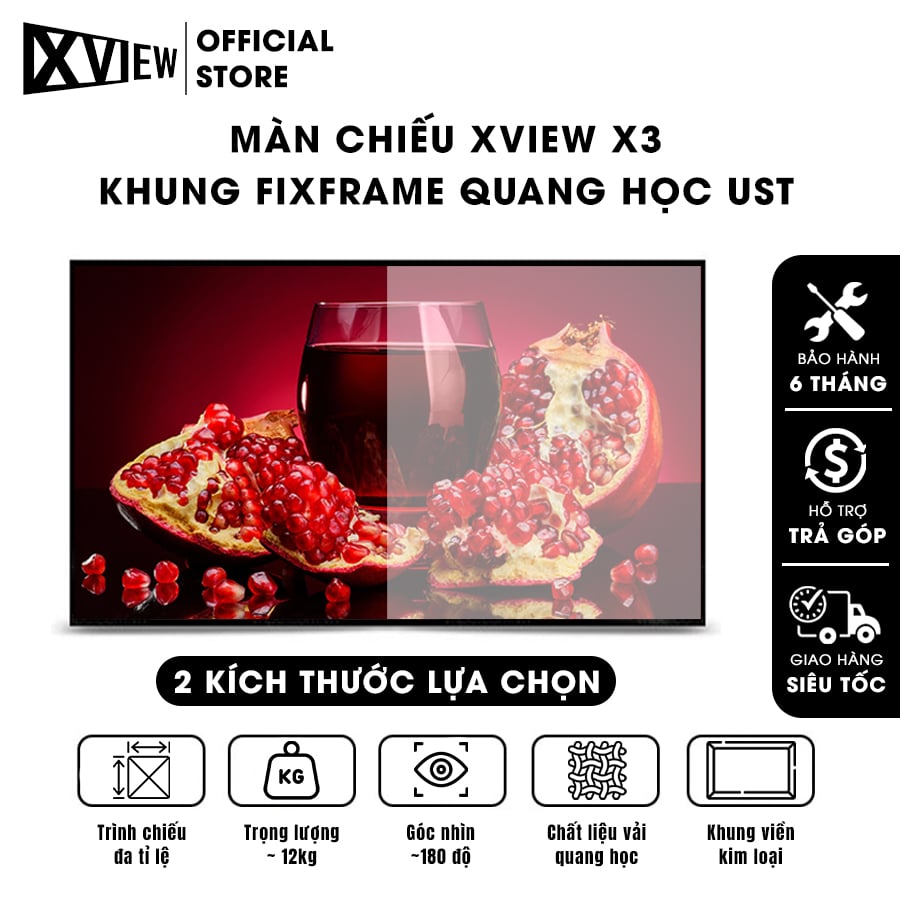 Màn chiếu Xview X3 khung fixframe quang học, chuyên dụng cho máy chiếu siêu gần UST, góc nhìn 180 độ, loại cao cấp, cho chất lượng hình ảnh đẹp, sắc nét, hỗ trợ 2 kích thước
