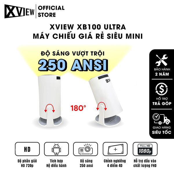 Xview XB100 Ultra - Máy chiếu mini giá rẻ tích hợp Hệ điều hành Android, độ sáng 250 ansi lumens, độ phân giải HD720p, hỗ trợ đầu vào 4K UHD và chỉnh nghiêng tự động theo chiều dọc