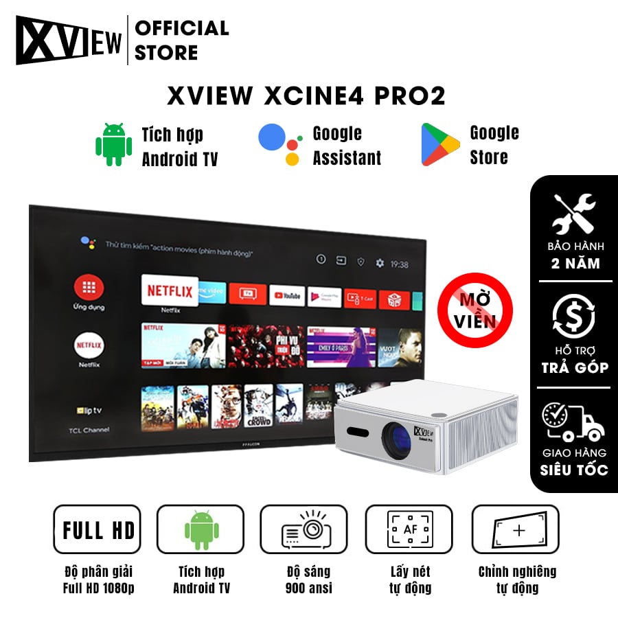 Xview Xcine4 Pro2 - Máy chiếu mini tích hợp Android TV, độ sáng lên đến 900 ansi lumens, phân giải thực chuẩn Full HD 1080p, sử dụng công nghệ quang học mới nhất hạn chế 98% mờ viền, hỗ trợ Auto focus và Autokeystone