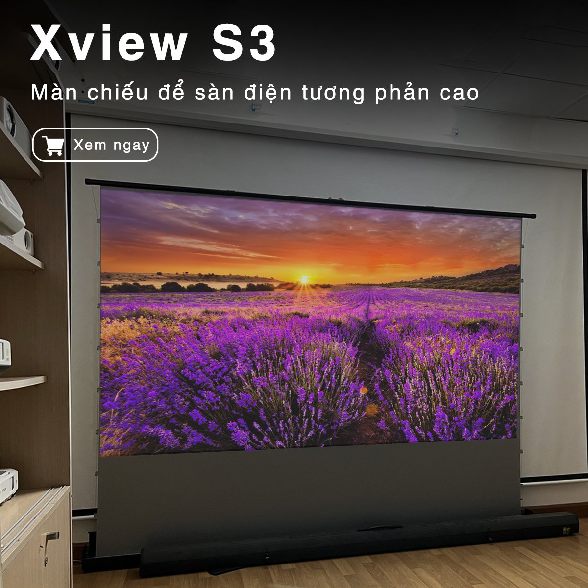 Màn chiếu Xview S3 để sàn điện tương phản cao, chuyên dụng cho máy chiếu độ sáng cao, góc nhìn 180 độ, loại cao cấp, cho chất lượng hình ảnh đẹp, sắc nét, hỗ trợ 7 kích thước