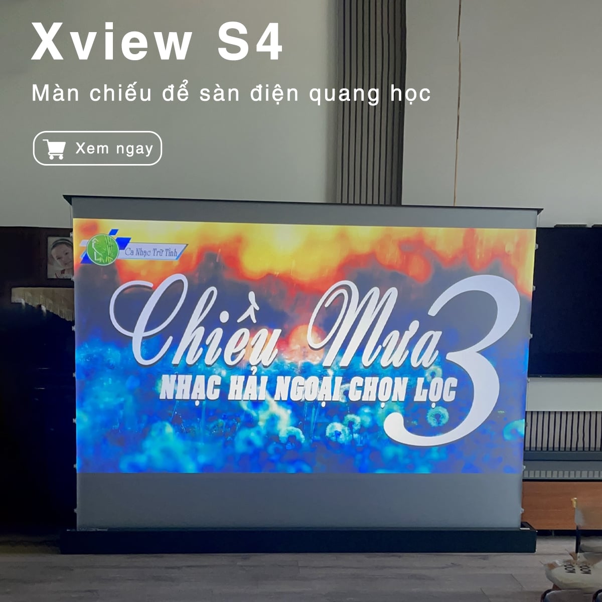 Màn chiếu Xview S4 để sàn điện quang học, chuyên dụng cho máy chiếu xa, có điều khiển tự động lên xuống, góc nhìn 180 độ, loại cao cấp, cho chất lượng hình ảnh đẹp, sắc nét, thuận tiện di chuyển, hỗ trợ 2 kích thước
