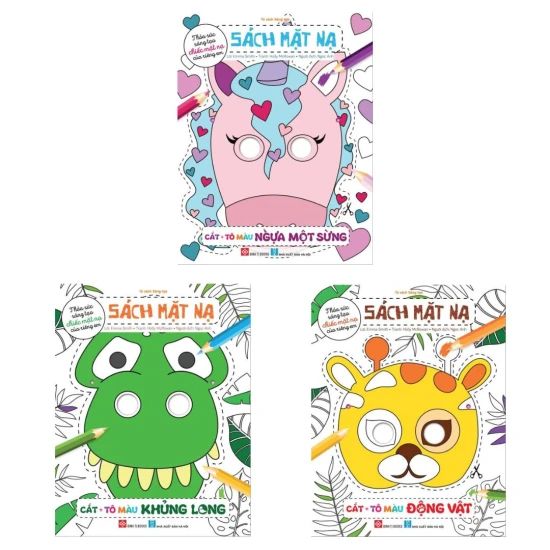  Bộ Sách Mặt Nạ - Cắt + Tô Màu - Động Vật + Ngựa Một Sừng + Khủng Long (Bộ 3 Cuốn) 