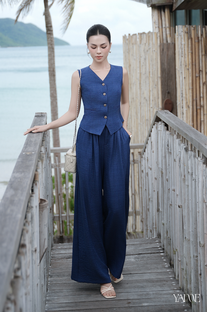 Set đũi gile cổ V phối quần suông YAME YS685