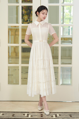 Váy nữ dáng dài tùng xòe vải ren guipure có họa tiết cổ sơ mi tay ngắn giả đai cách điệu YAME YV655