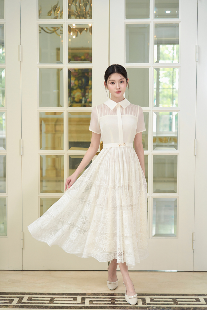 Váy nữ dáng dài tùng xòe vải ren guipure có họa tiết cổ sơ mi tay ngắn giả đai cách điệu YAME YV655