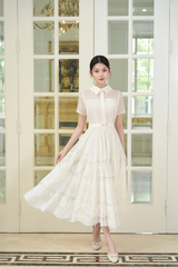 Váy nữ dáng dài tùng xòe vải ren guipure có họa tiết cổ sơ mi tay ngắn giả đai cách điệu YAME YV655