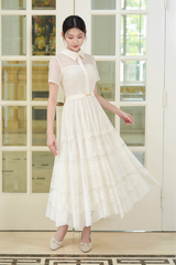 Váy nữ dáng dài tùng xòe vải ren guipure có họa tiết cổ sơ mi tay ngắn giả đai cách điệu YAME YV655