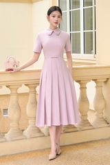 Váy nữ dáng dài xếp ly màu hồng ngắn tay cổ vạt tròn đính cúc đá eo thắt đai nơ YAME YV634