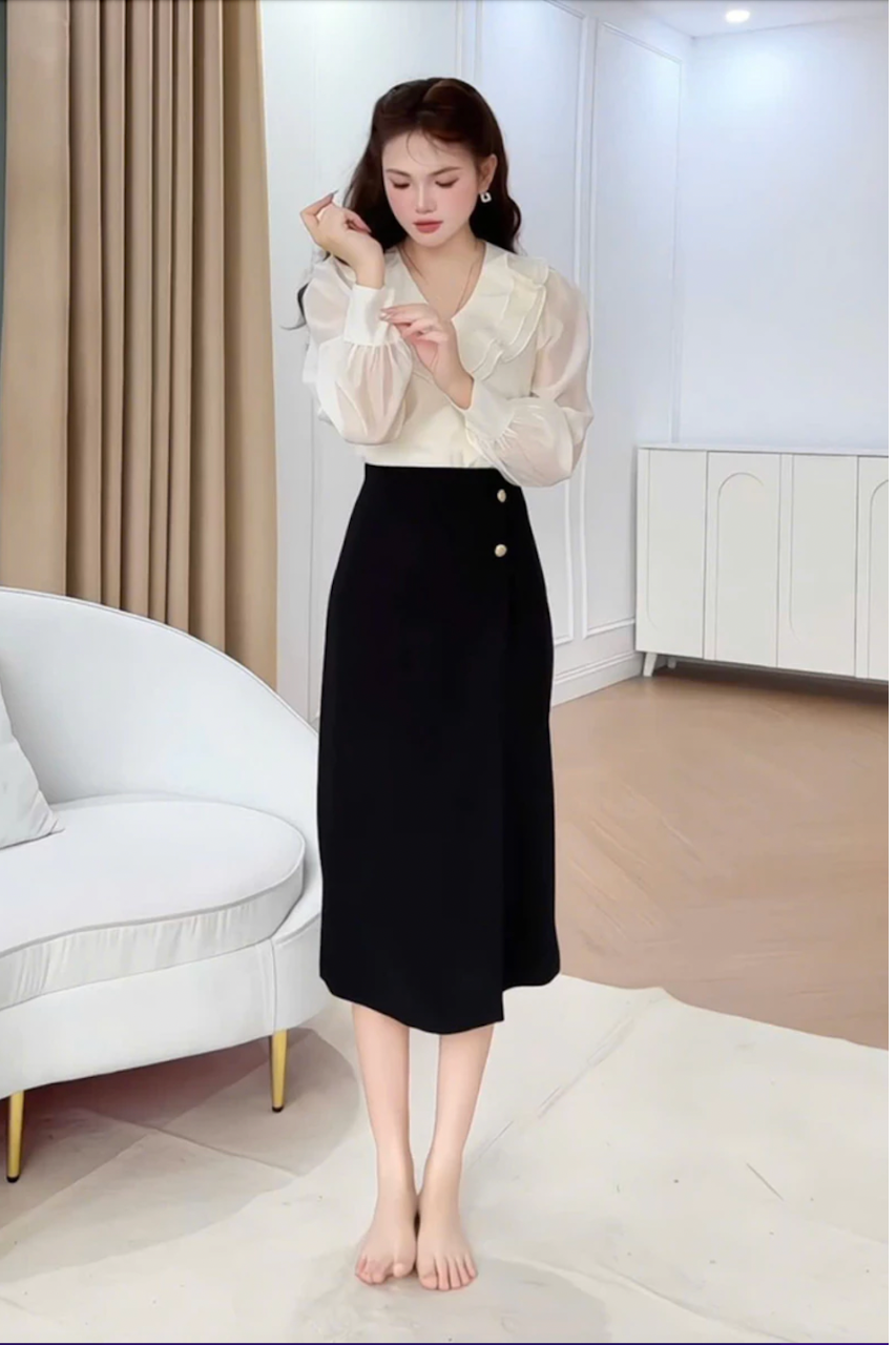 Chân váy nữ dáng A lệch tà cách điệu nhiều màu đính cúc đồng trang trí YAME YCV603
