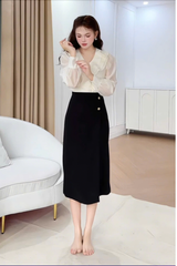 Chân váy nữ dáng A lệch tà cách điệu nhiều màu đính cúc đồng trang trí YAME YCV603