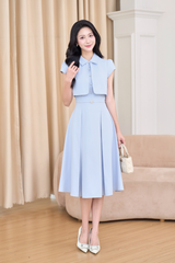 Váy xanh lơ tay ngắn đính cúc đá phối tà crop cách điệu YAME YV686