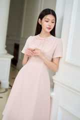 Váy nữ dài dáng xòe ngắn tay cổ tròn nhiều màu xếp ly ngực viền ren đính nơ trang trí YAME YV649