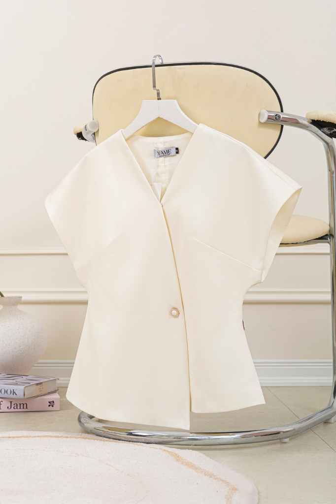 Áo nữ dáng peplum cổ V vạt lệch tay chờm vai nhiều màu đính cúc ngọc YAME AA182