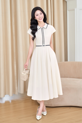 Váy nữ dáng A xoè nhẹ tay chờm vai cổ vạt nhọn viền đen tạo điểm nhấn kèm đai thắt eo YAME YV629